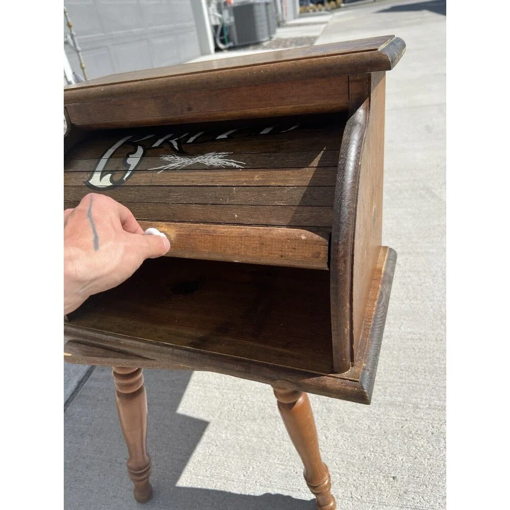 Vintage Oak Wood Roll Top Bread Box, White Knob Handle, BREAD